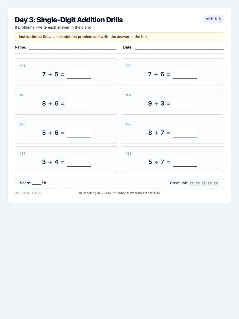 Day 3: Single-Digit Addition Drills - Wednesday math worksheet preview for Ages 5–6