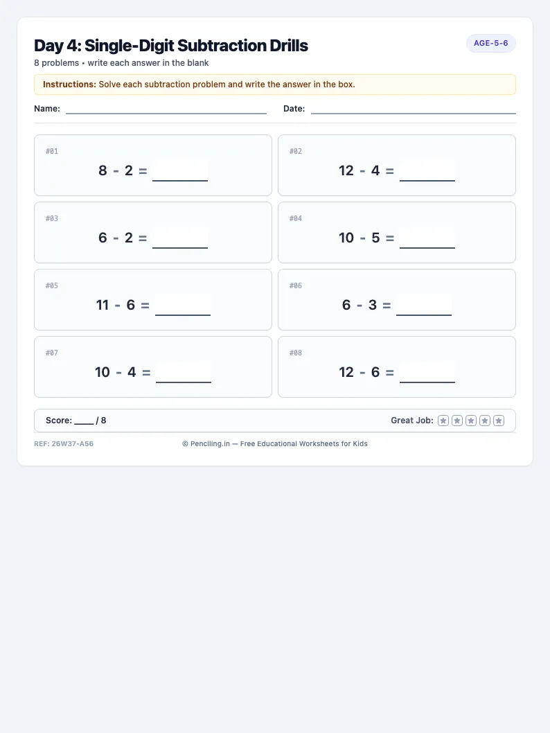 Day 4: Single-Digit Subtraction Drills - Thursday math worksheet preview for Ages 5–6