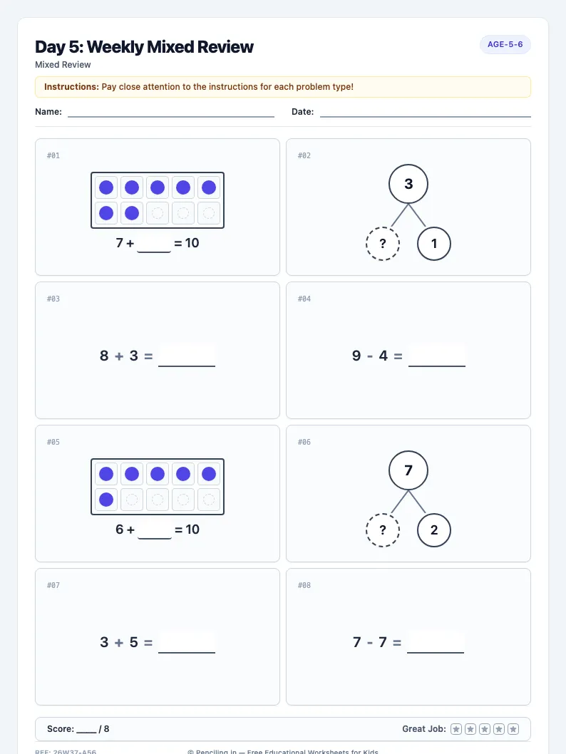 Day 5: Weekly Mixed Review - Friday math worksheet preview for Ages 5–6