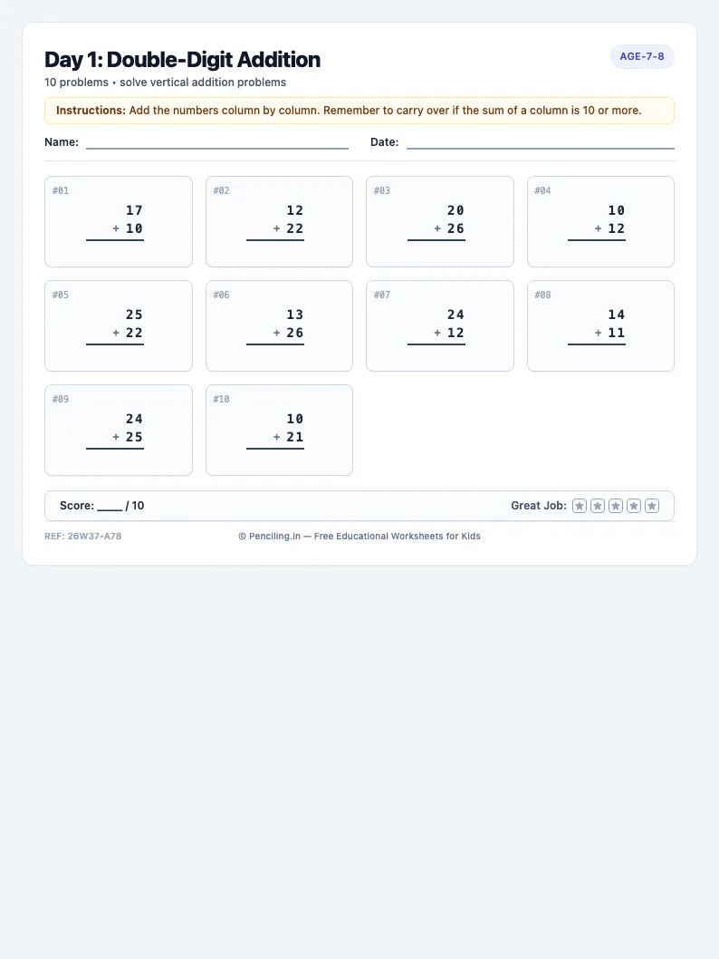 Day 1: Double-Digit Addition - Monday math worksheet preview for Ages 7–8