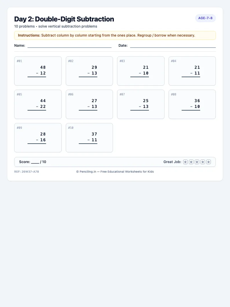 Day 2: Double-Digit Subtraction - Tuesday math worksheet preview for Ages 7–8