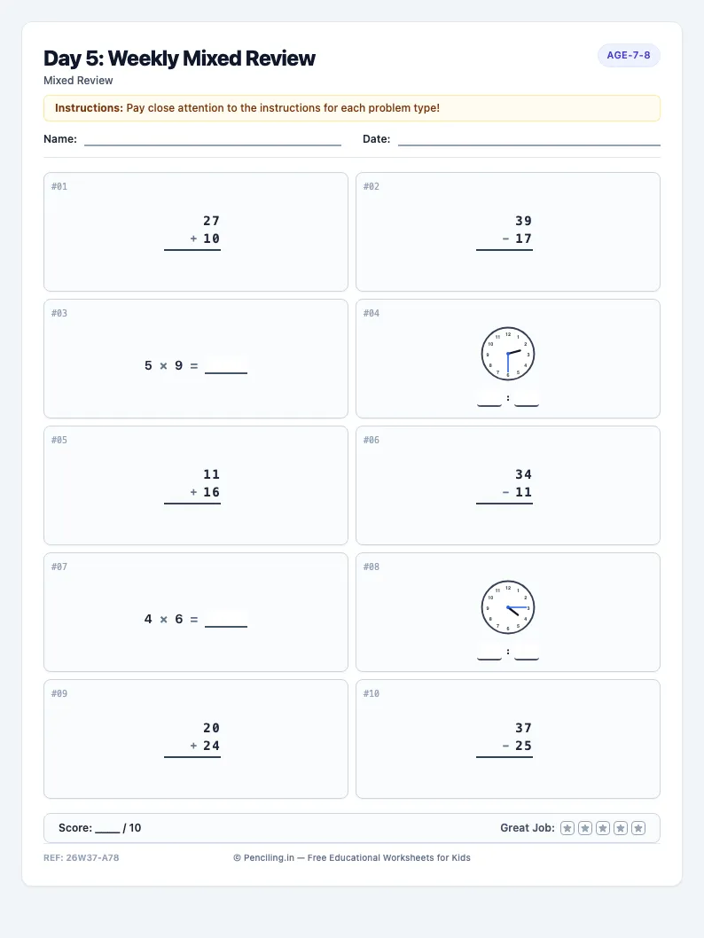 Day 5: Weekly Mixed Review - Friday math worksheet preview for Ages 7–8