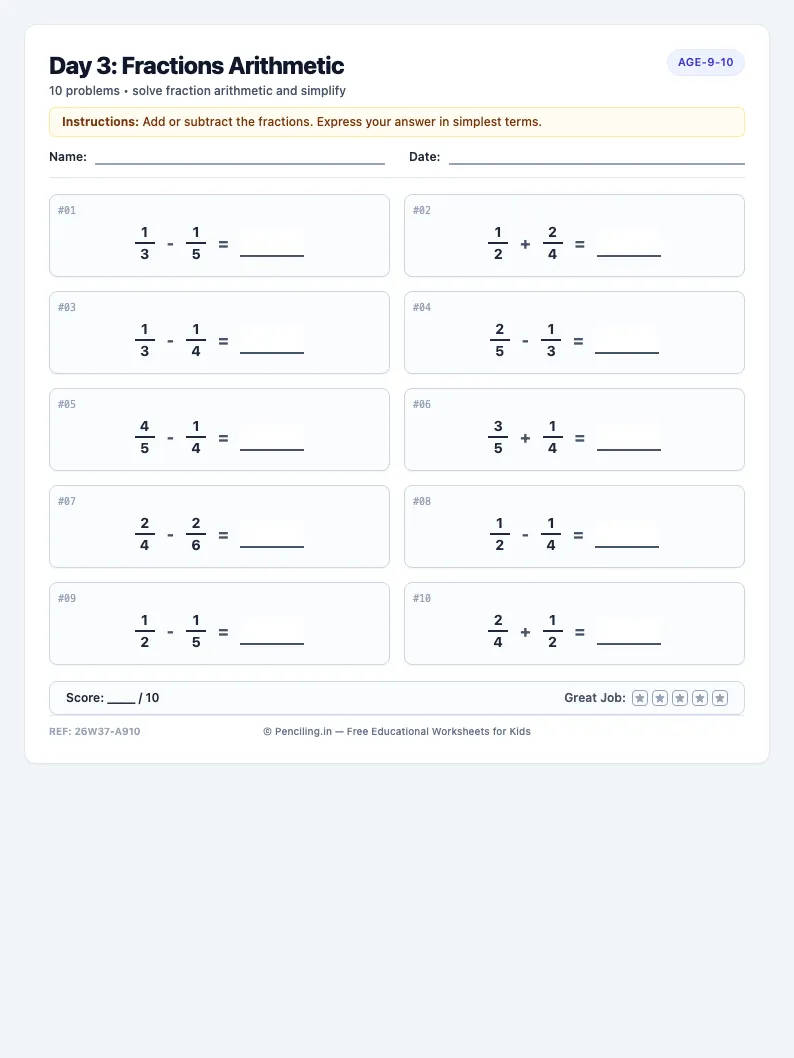 Day 3: Fractions Arithmetic - Wednesday math worksheet preview for Ages 9–10