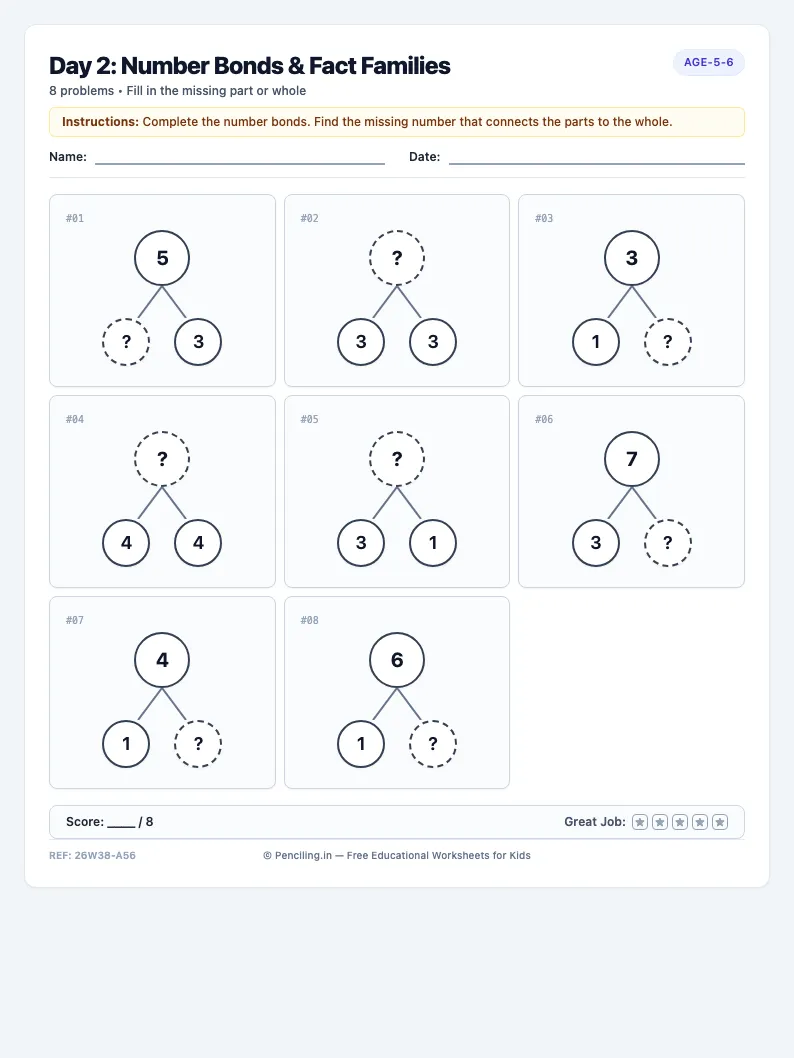 Day 2: Number Bonds & Fact Families - Tuesday math worksheet preview for Ages 5–6