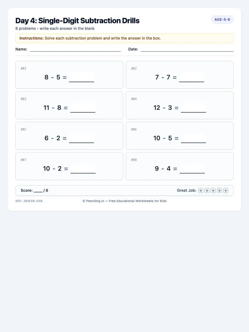 Day 4: Single-Digit Subtraction Drills - Thursday math worksheet preview for Ages 5–6