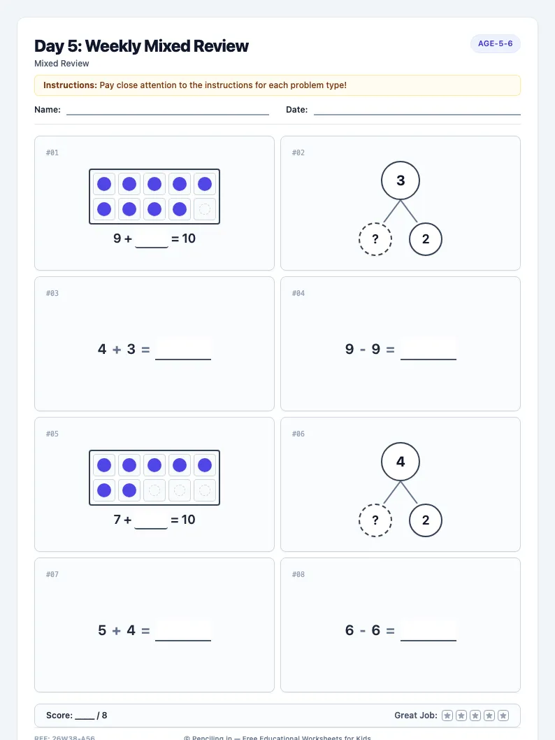 Day 5: Weekly Mixed Review - Friday math worksheet preview for Ages 5–6