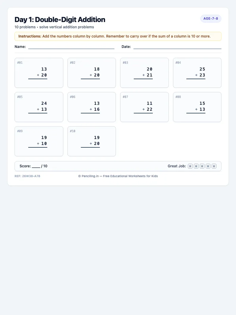 Day 1: Double-Digit Addition - Monday math worksheet preview for Ages 7–8