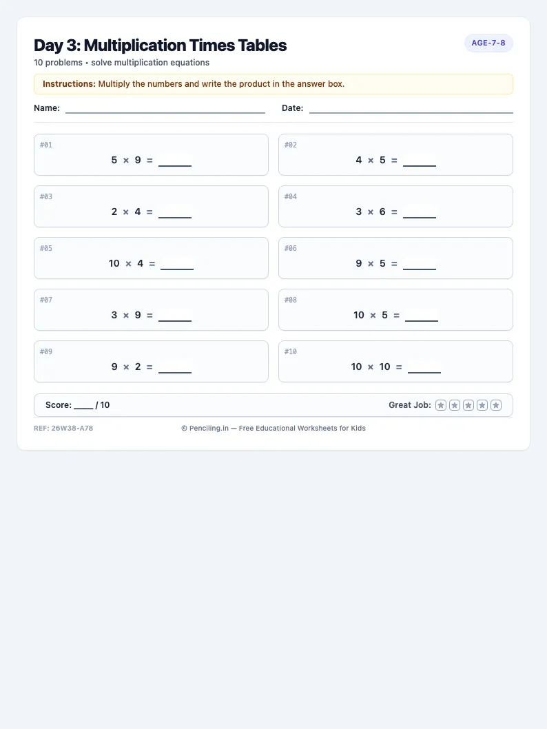 Day 3: Multiplication Times Tables - Wednesday math worksheet preview for Ages 7–8