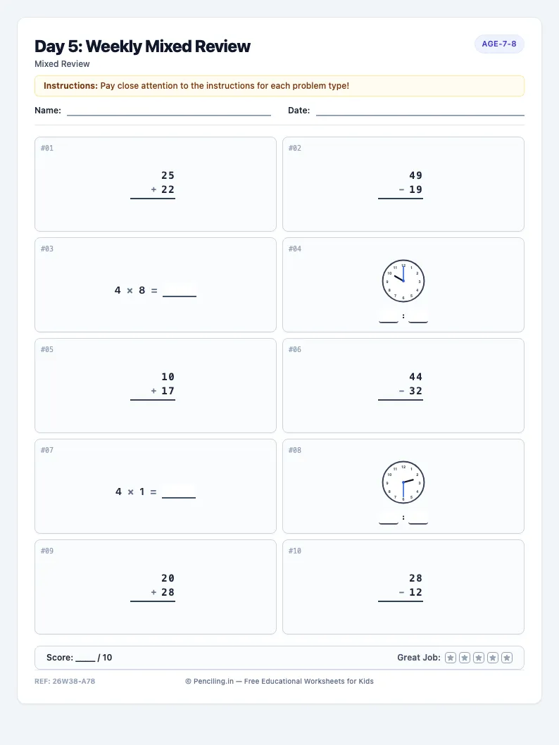 Day 5: Weekly Mixed Review - Friday math worksheet preview for Ages 7–8