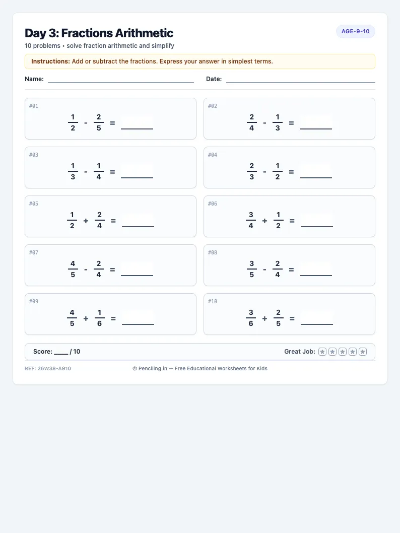 Day 3: Fractions Arithmetic - Wednesday math worksheet preview for Ages 9–10
