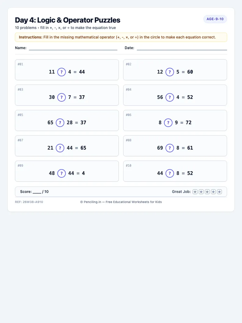 Day 4: Logic & Operator Puzzles - Thursday math worksheet preview for Ages 9–10