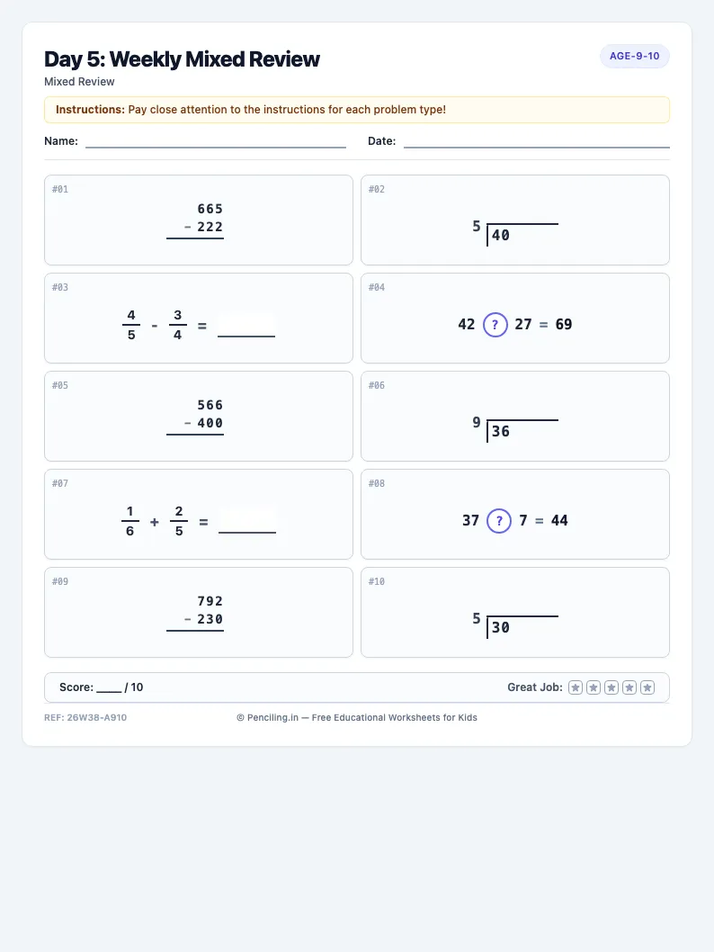 Day 5: Weekly Mixed Review - Friday math worksheet preview for Ages 9–10