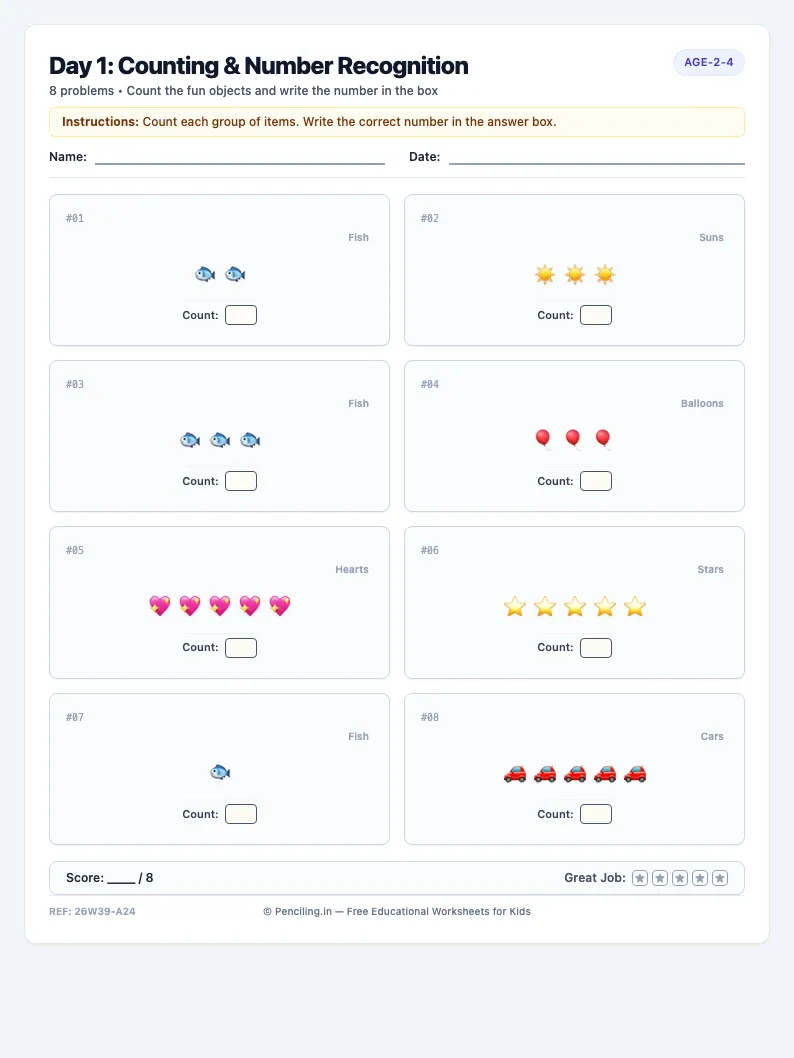 Day 1: Counting & Number Recognition - Monday math worksheet preview for Ages 2–4