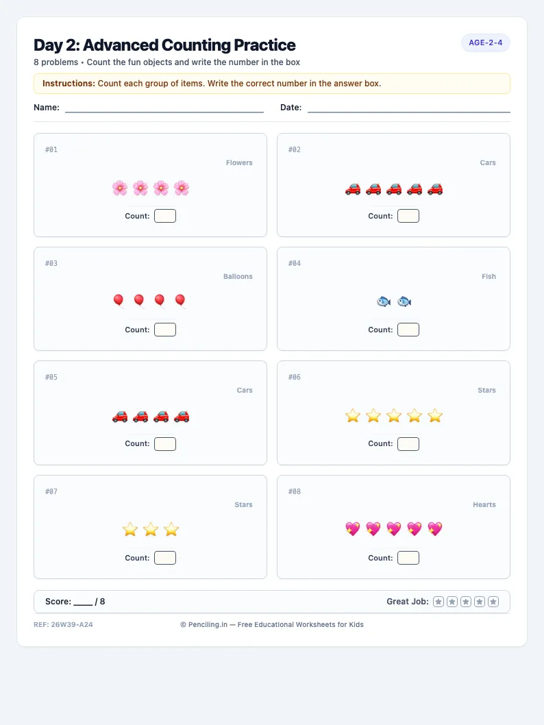 Day 2: Advanced Counting Practice - Tuesday math worksheet preview for Ages 2–4