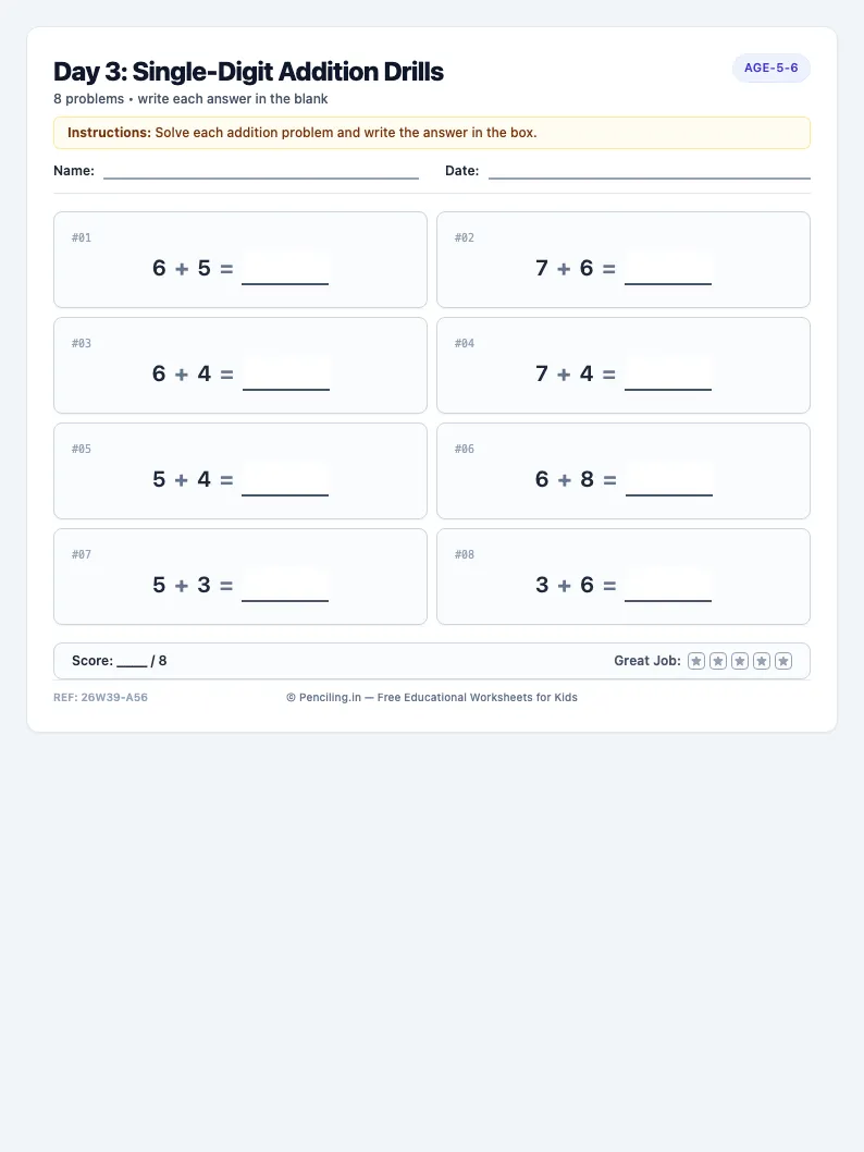 Day 3: Single-Digit Addition Drills - Wednesday math worksheet preview for Ages 5–6