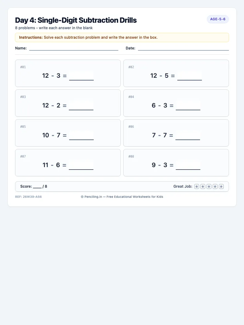 Day 4: Single-Digit Subtraction Drills - Thursday math worksheet preview for Ages 5–6