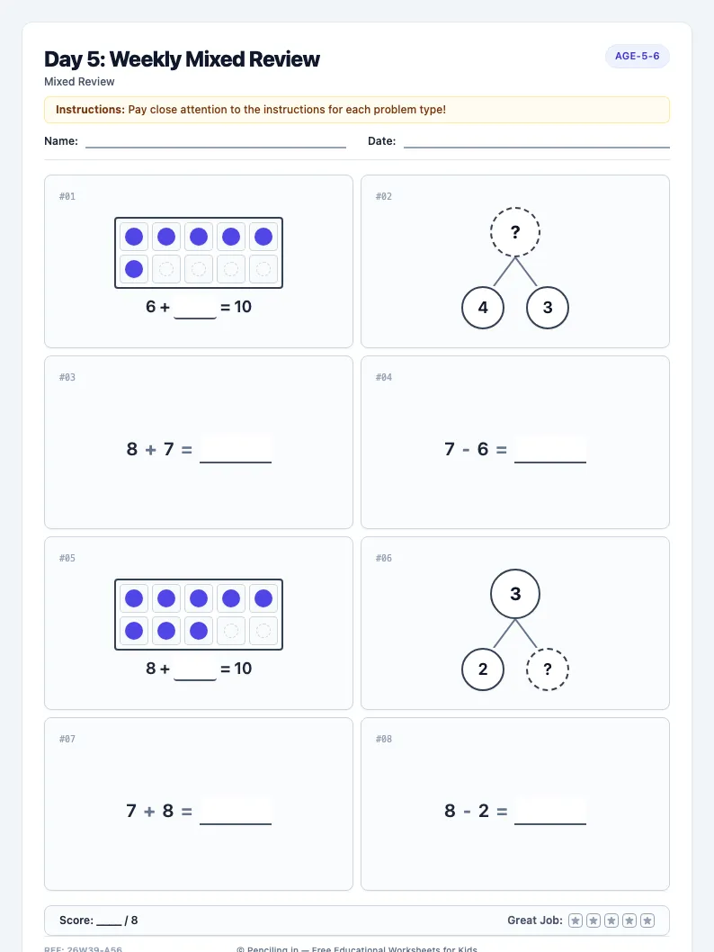 Day 5: Weekly Mixed Review - Friday math worksheet preview for Ages 5–6