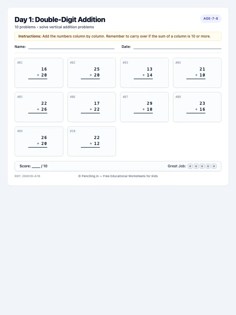 Day 1: Double-Digit Addition - Monday math worksheet preview for Ages 7–8