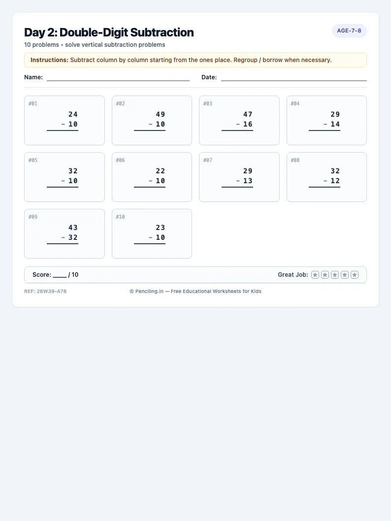 Day 2: Double-Digit Subtraction - Tuesday math worksheet preview for Ages 7–8