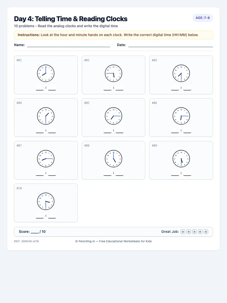 Day 4: Telling Time & Reading Clocks - Thursday math worksheet preview for Ages 7–8