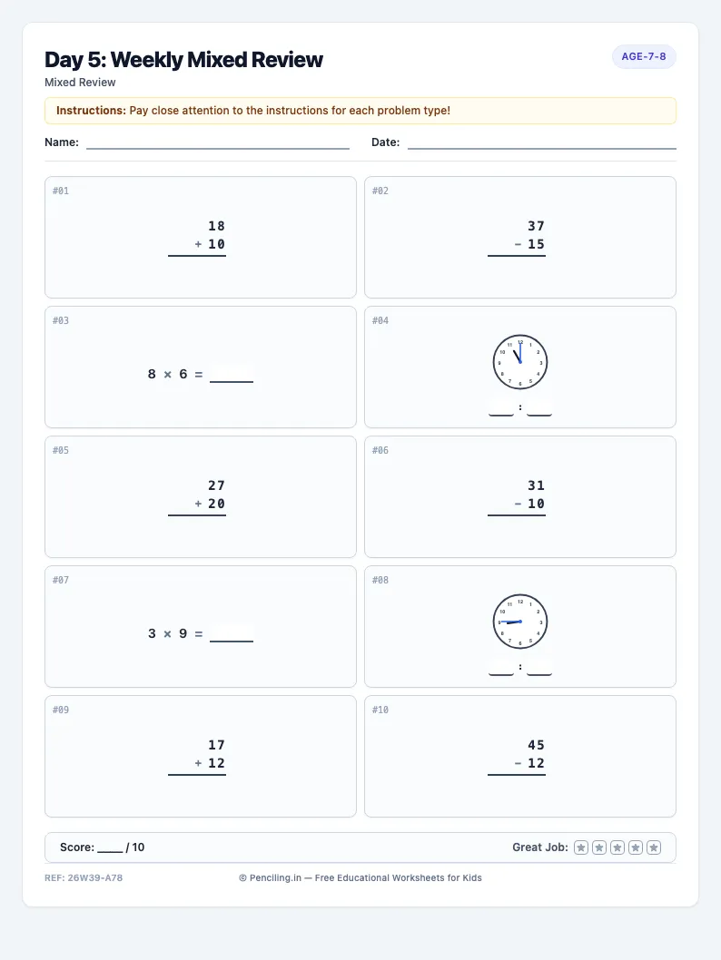 Day 5: Weekly Mixed Review - Friday math worksheet preview for Ages 7–8