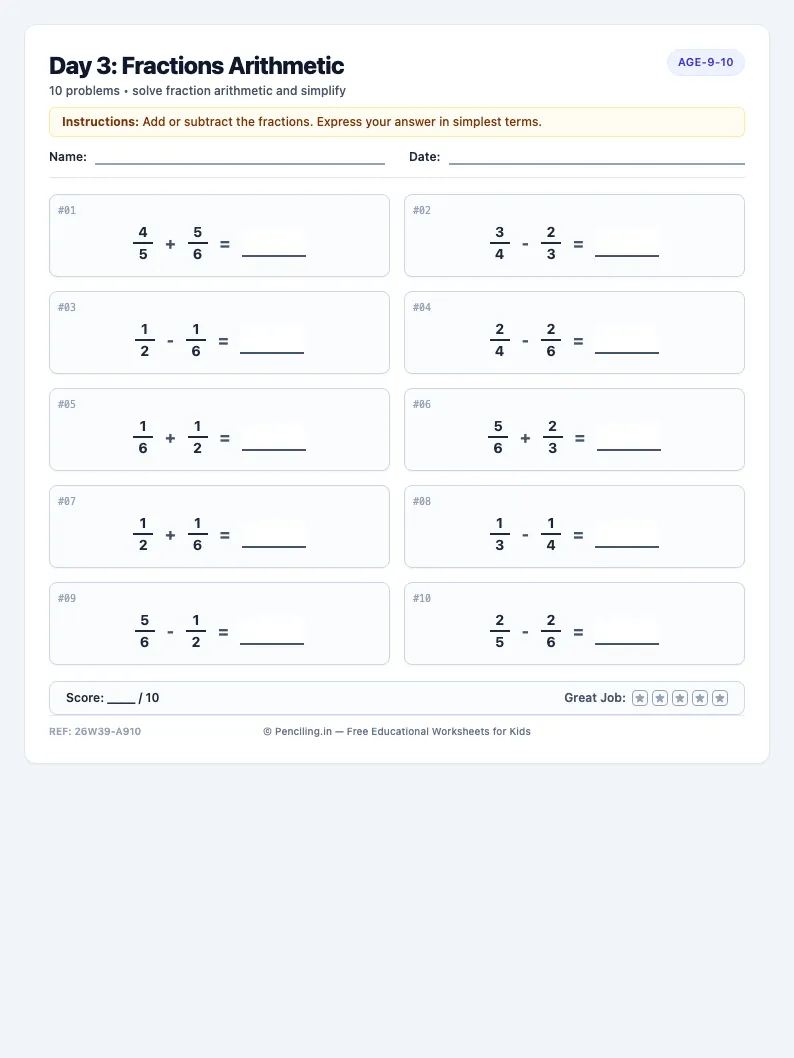 Day 3: Fractions Arithmetic - Wednesday math worksheet preview for Ages 9–10
