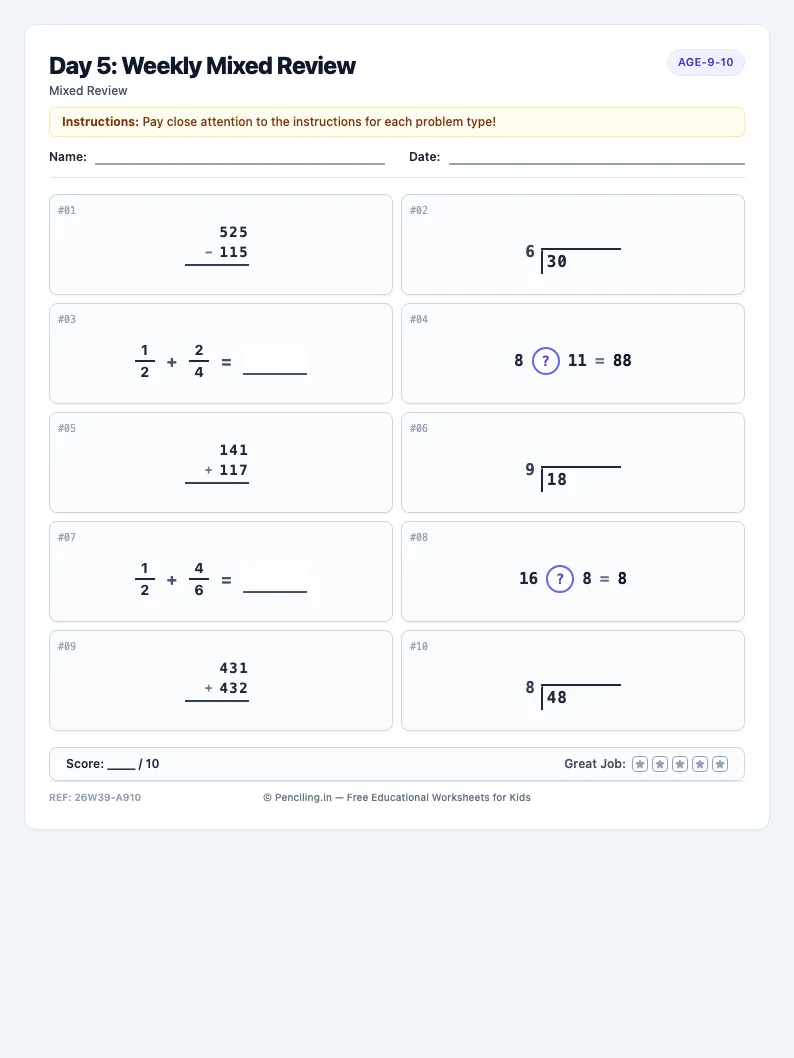 Day 5: Weekly Mixed Review - Friday math worksheet preview for Ages 9–10