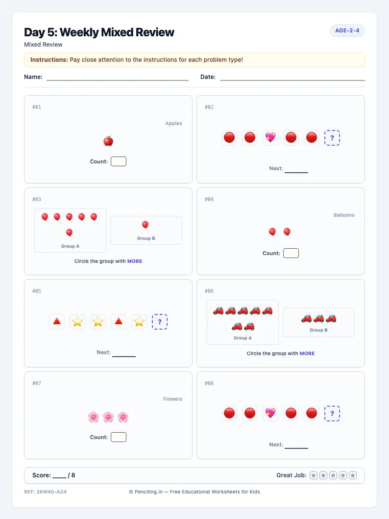 Day 5: Weekly Mixed Review - Friday math worksheet preview for Ages 2–4