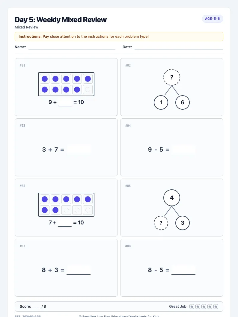 Day 5: Weekly Mixed Review - Friday math worksheet preview for Ages 5–6