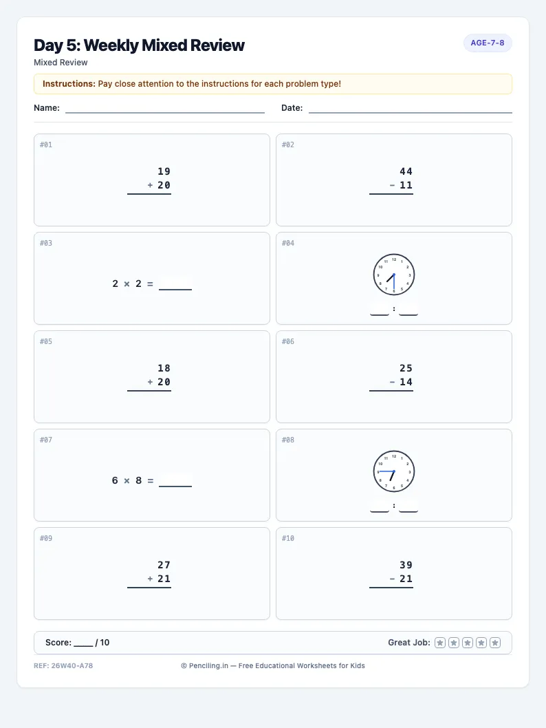 Day 5: Weekly Mixed Review - Friday math worksheet preview for Ages 7–8