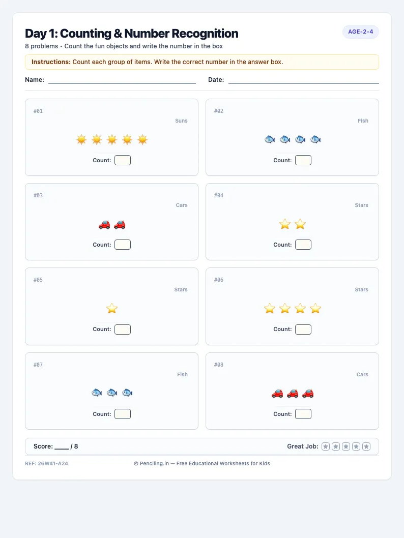 Day 1: Counting & Number Recognition - Monday math worksheet preview for Ages 2–4