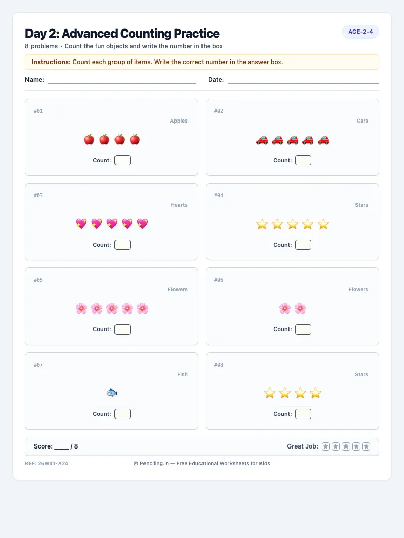 Day 2: Advanced Counting Practice - Tuesday math worksheet preview for Ages 2–4