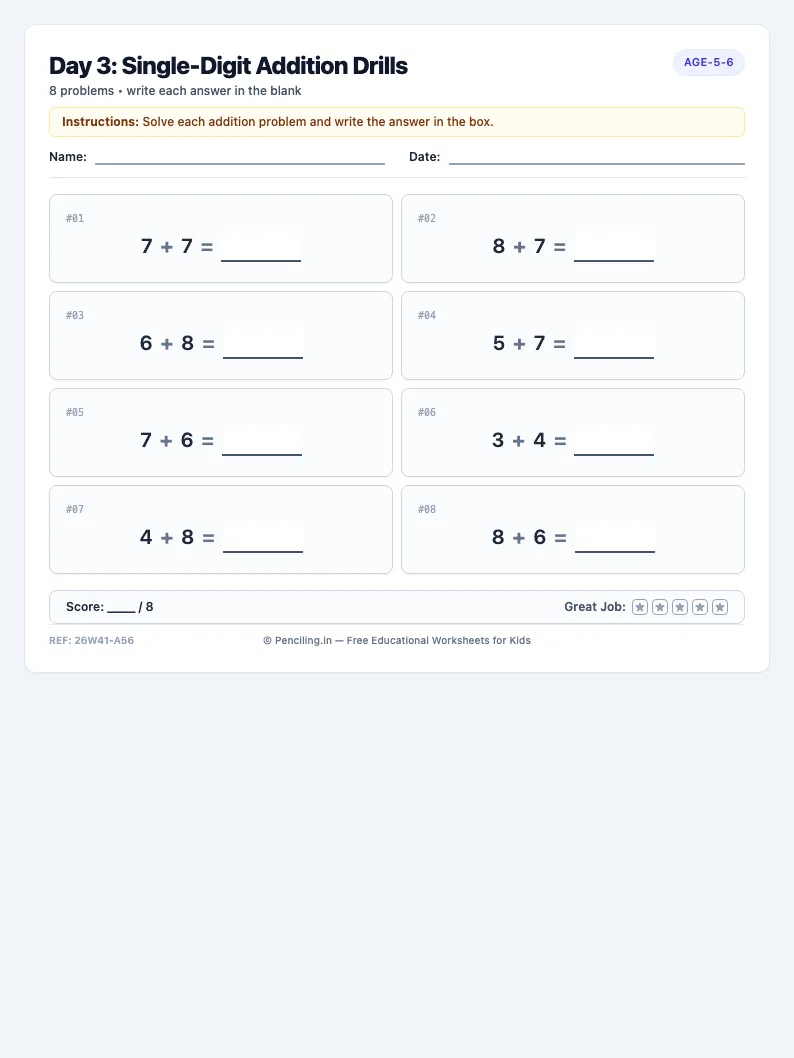 Day 3: Single-Digit Addition Drills - Wednesday math worksheet preview for Ages 5–6