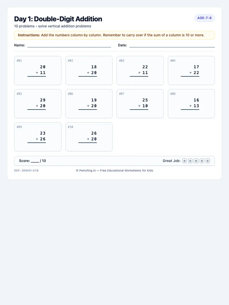 Day 1: Double-Digit Addition - Monday math worksheet preview for Ages 7–8