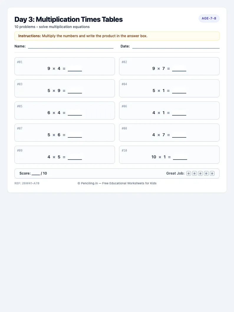 Day 3: Multiplication Times Tables - Wednesday math worksheet preview for Ages 7–8