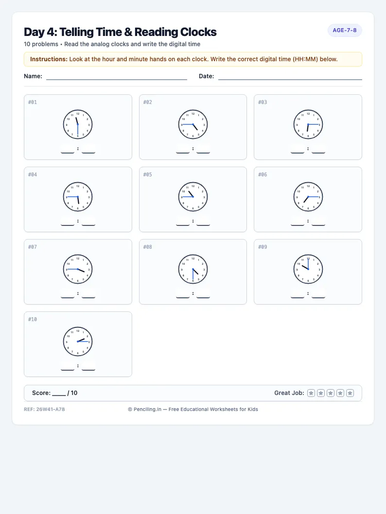 Day 4: Telling Time & Reading Clocks - Thursday math worksheet preview for Ages 7–8