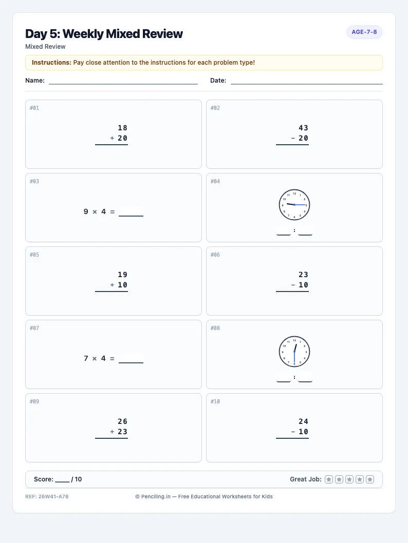 Day 5: Weekly Mixed Review - Friday math worksheet preview for Ages 7–8