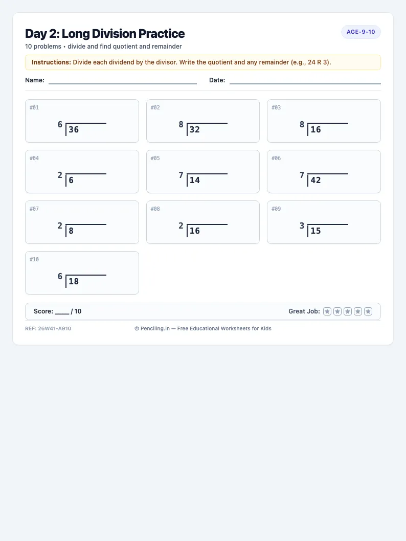Day 2: Long Division Practice - Tuesday math worksheet preview for Ages 9–10