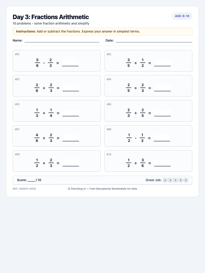 Day 3: Fractions Arithmetic - Wednesday math worksheet preview for Ages 9–10