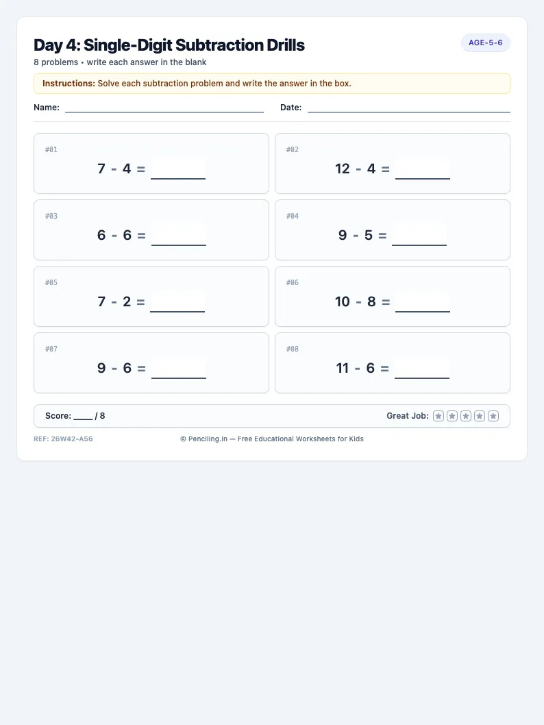Day 4: Single-Digit Subtraction Drills - Thursday math worksheet preview for Ages 5–6