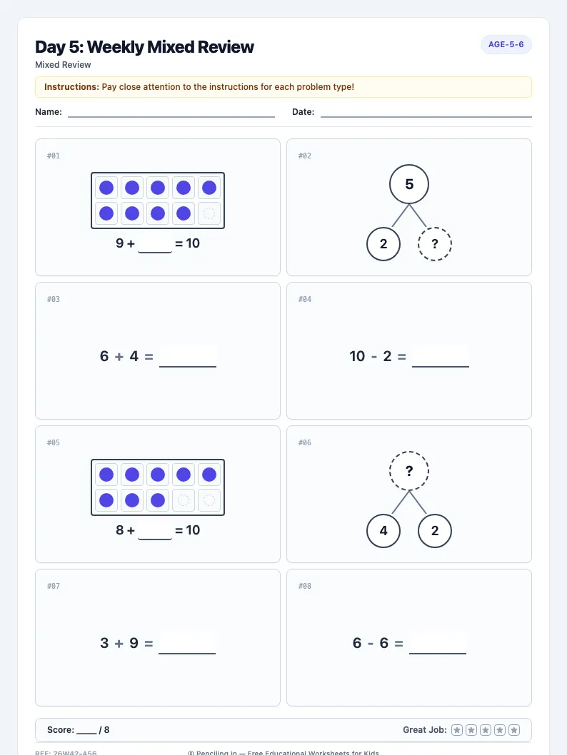 Day 5: Weekly Mixed Review - Friday math worksheet preview for Ages 5–6