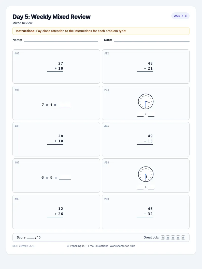 Day 5: Weekly Mixed Review - Friday math worksheet preview for Ages 7–8