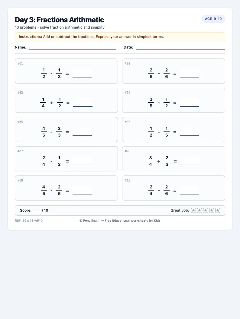 Day 3: Fractions Arithmetic - Wednesday math worksheet preview for Ages 9–10