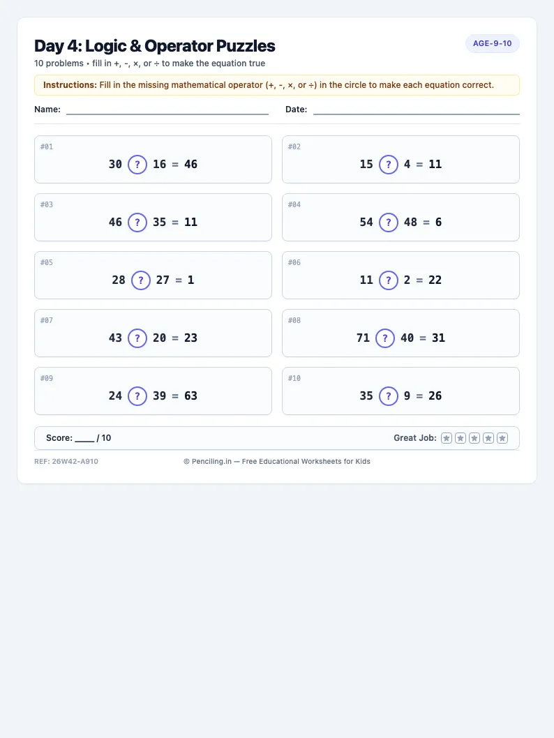 Day 4: Logic & Operator Puzzles - Thursday math worksheet preview for Ages 9–10