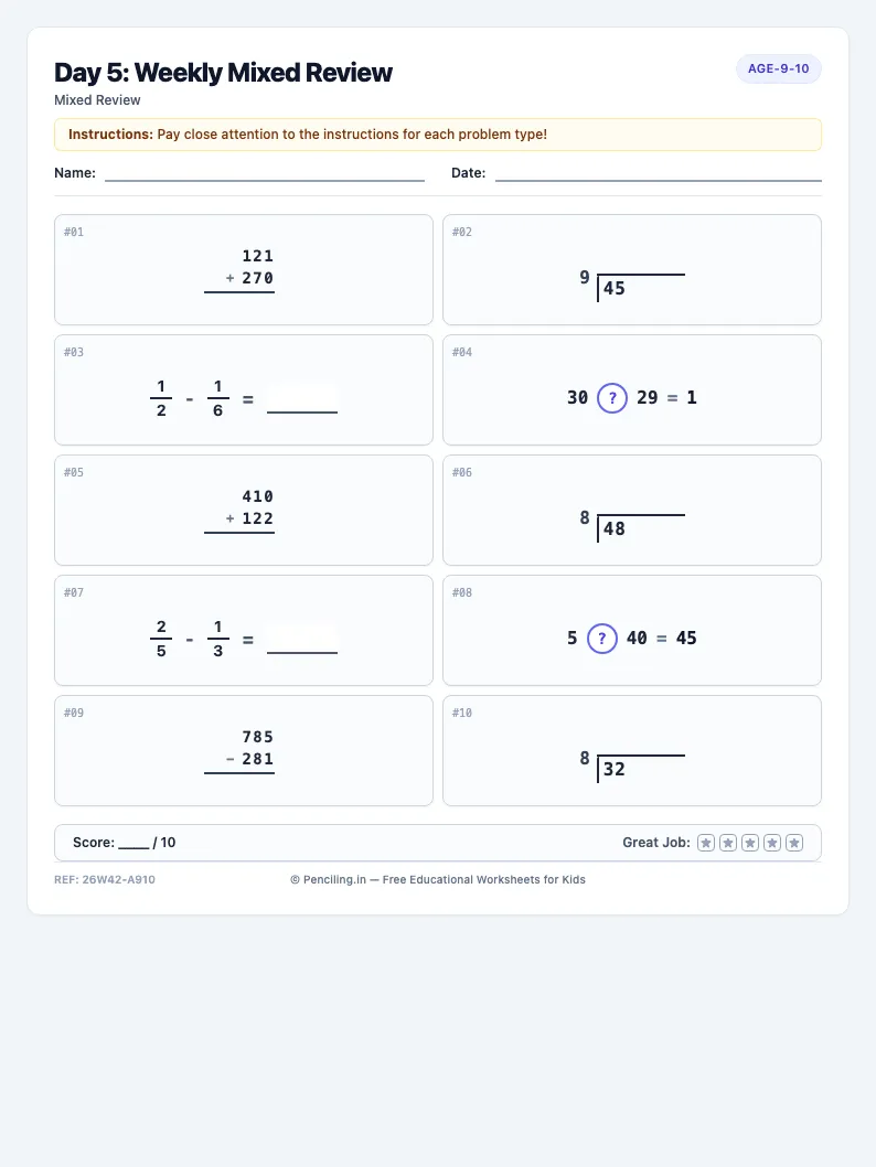 Day 5: Weekly Mixed Review - Friday math worksheet preview for Ages 9–10