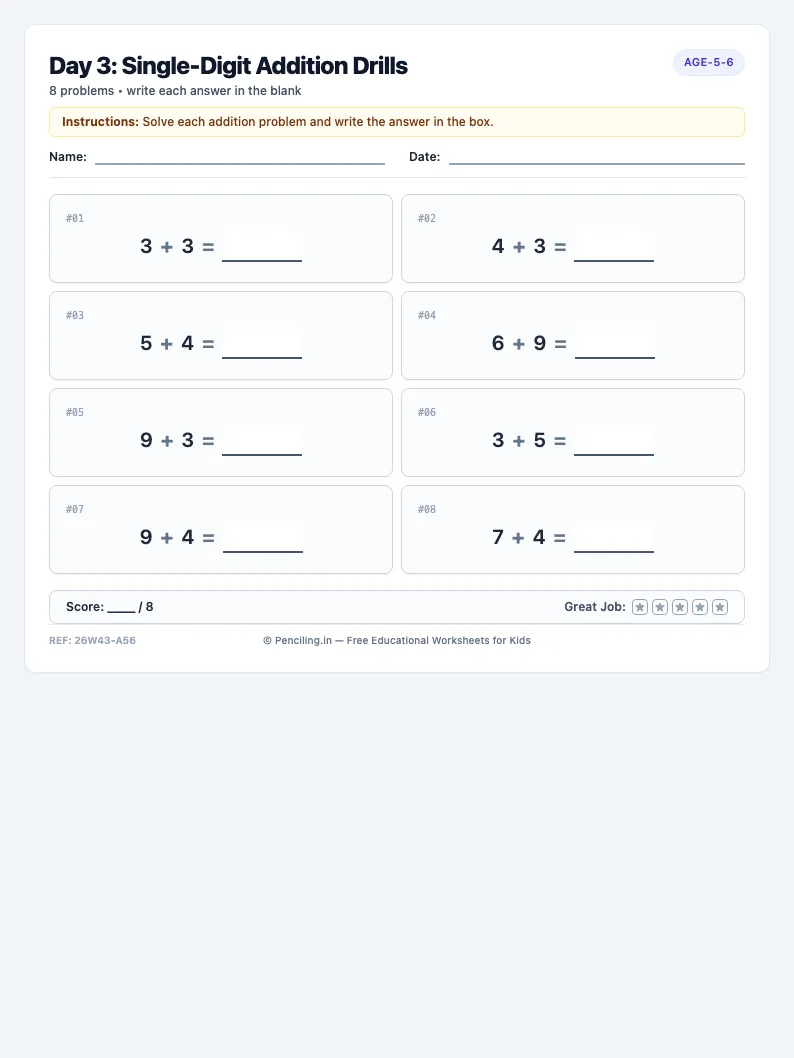 Day 3: Single-Digit Addition Drills - Wednesday math worksheet preview for Ages 5–6