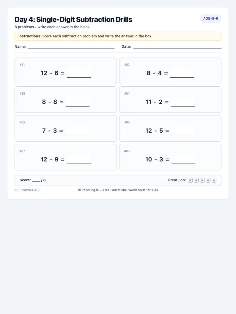 Day 4: Single-Digit Subtraction Drills - Thursday math worksheet preview for Ages 5–6