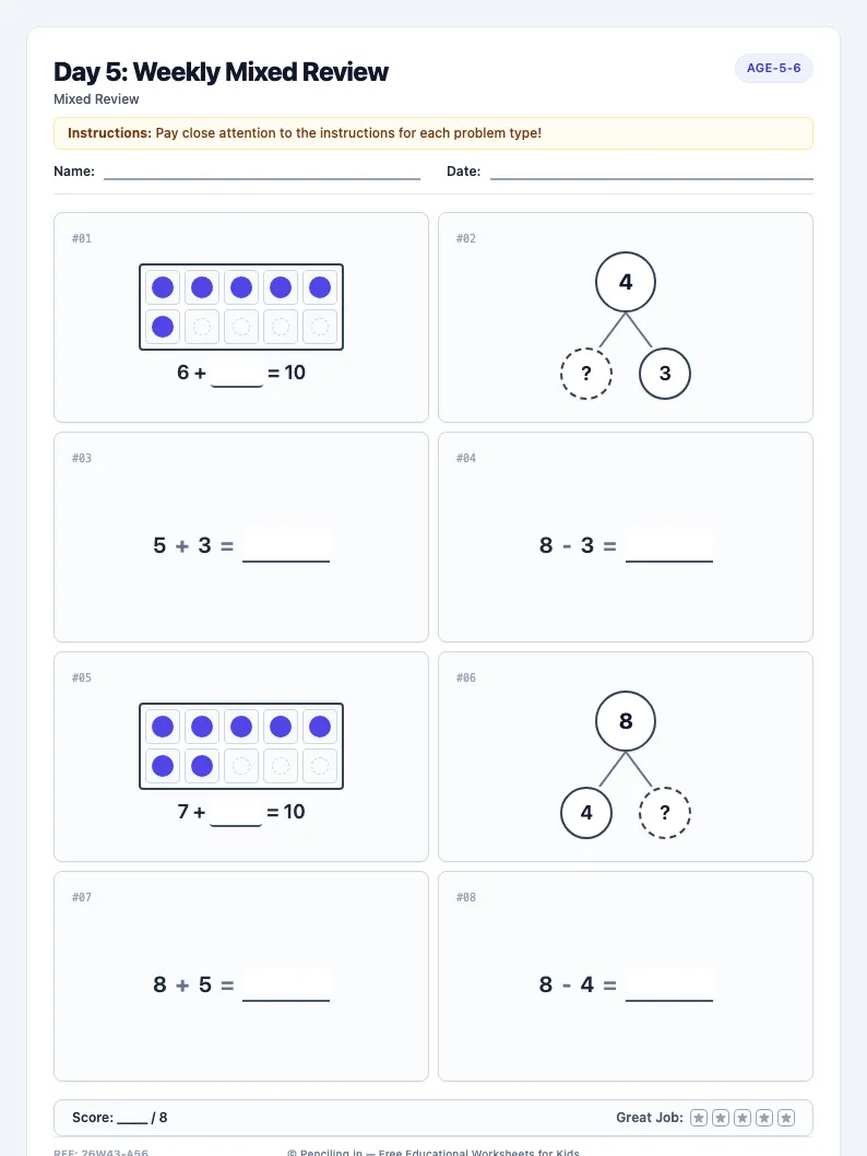 Day 5: Weekly Mixed Review - Friday math worksheet preview for Ages 5–6