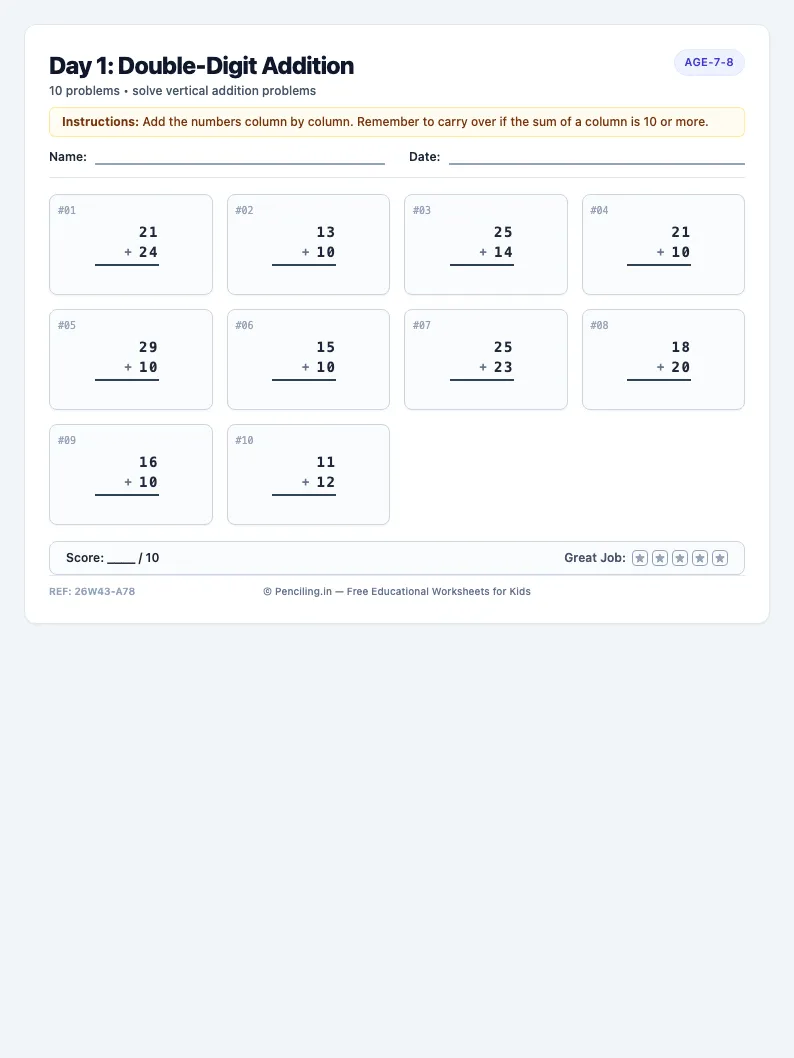 Day 1: Double-Digit Addition - Monday math worksheet preview for Ages 7–8