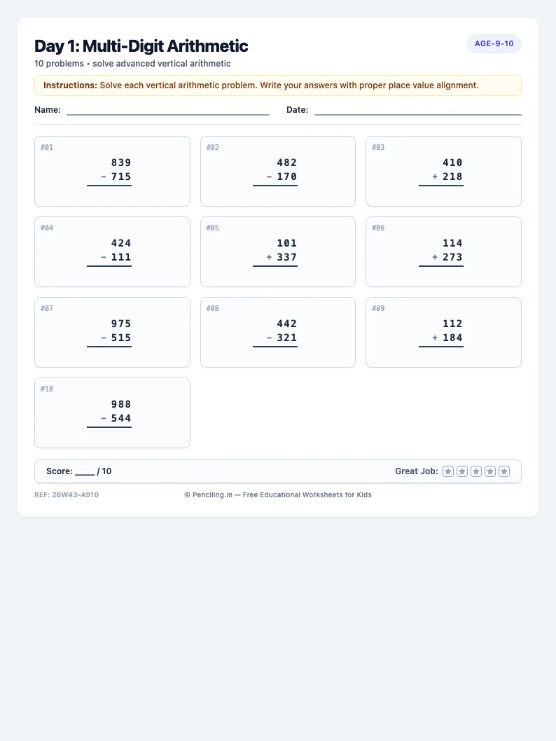 Day 1: Multi-Digit Arithmetic - Monday math worksheet preview for Ages 9–10